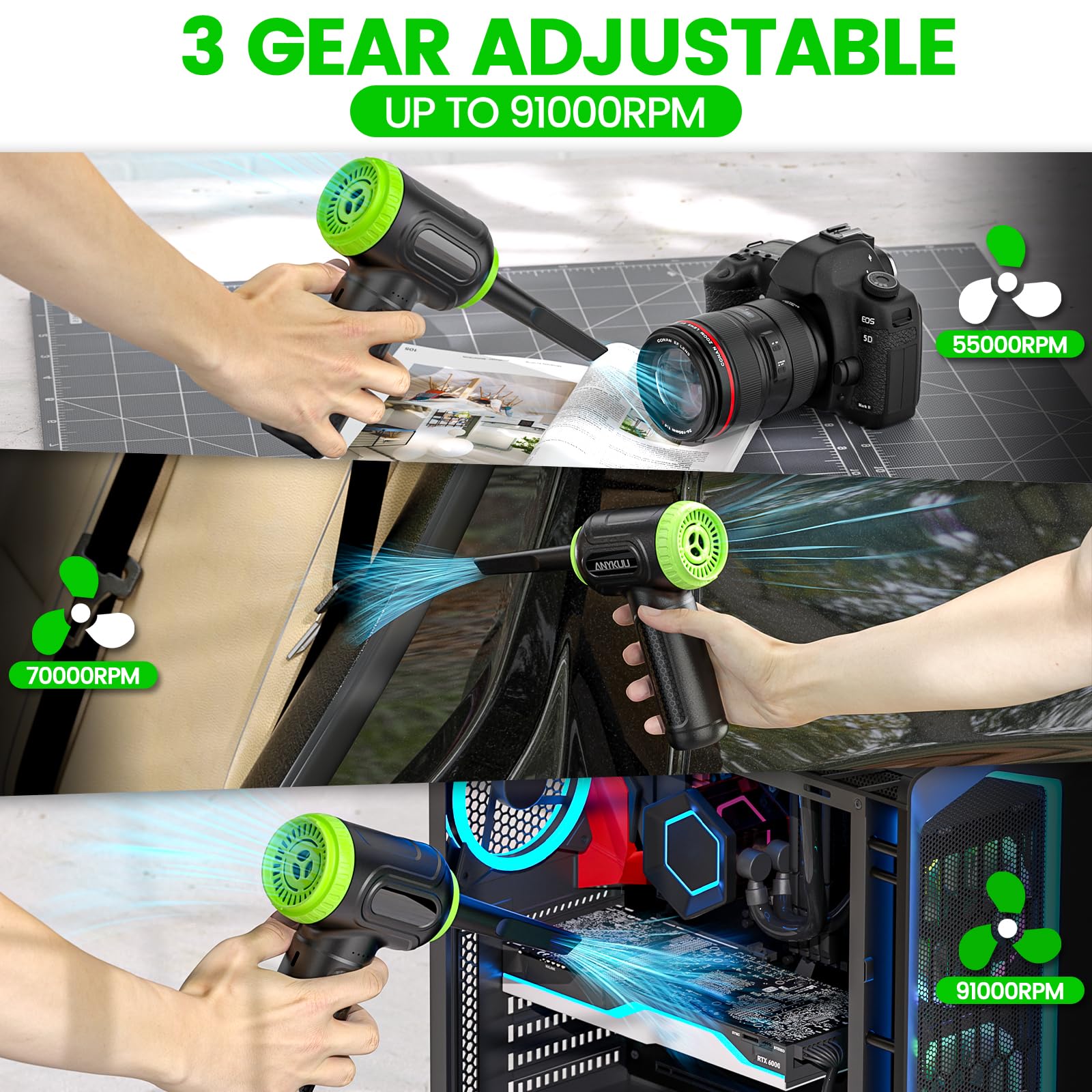 Anykuu Elektrische Staubgebläse 2-in-1 Blasen & Saugen 91000RPM & 12KPA PC Staubgebläse Tiefenreinigung USB Schnellladung mit 7600mah Akku Air Duster für Bürogeräte Auto Sofa Schwimmring BBQ | Blasen und Saugen, 7600mAh Akku, USB-Schnellladung, für PC, Bü