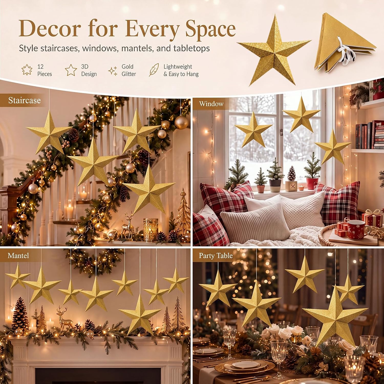 Engrowtic 12 Pcs 12'' 3D Gold Christmas Hanging Star Decorations