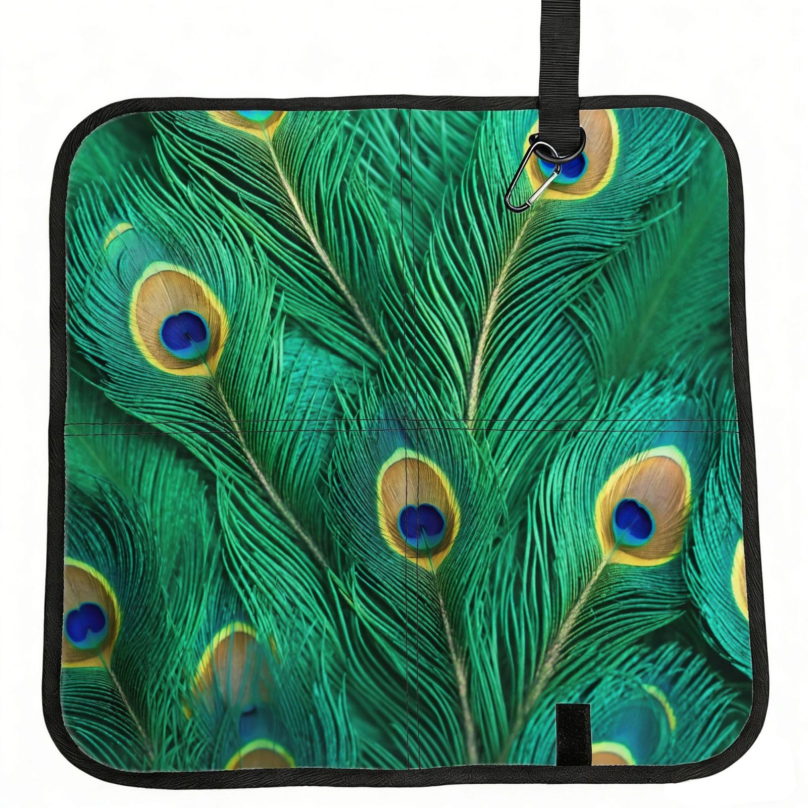 DIEzig Green Peacock Feather Printed Compact Foldable Sitting Pad Oxford Base, Portable Cushion for Fishing Sports Events