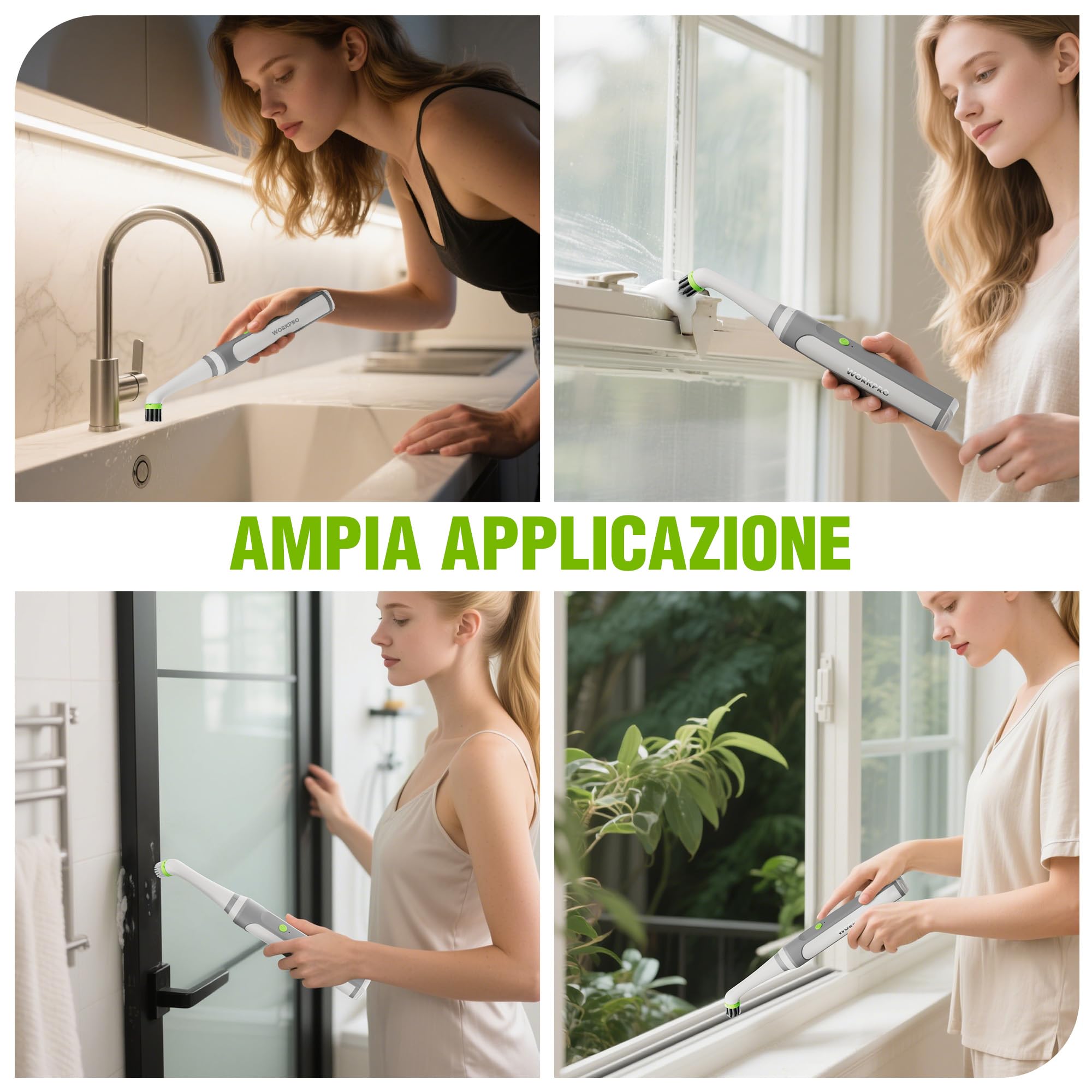 WORKPRO Spazzola Elettrica per la Pulizia per la Casa, 5500RPM, Imppermeabile IPX6 con Cavo di Rica USB-C e Testine Intercambiabili per la Pulizia di Piastrelle,Lavandini e Fughe
