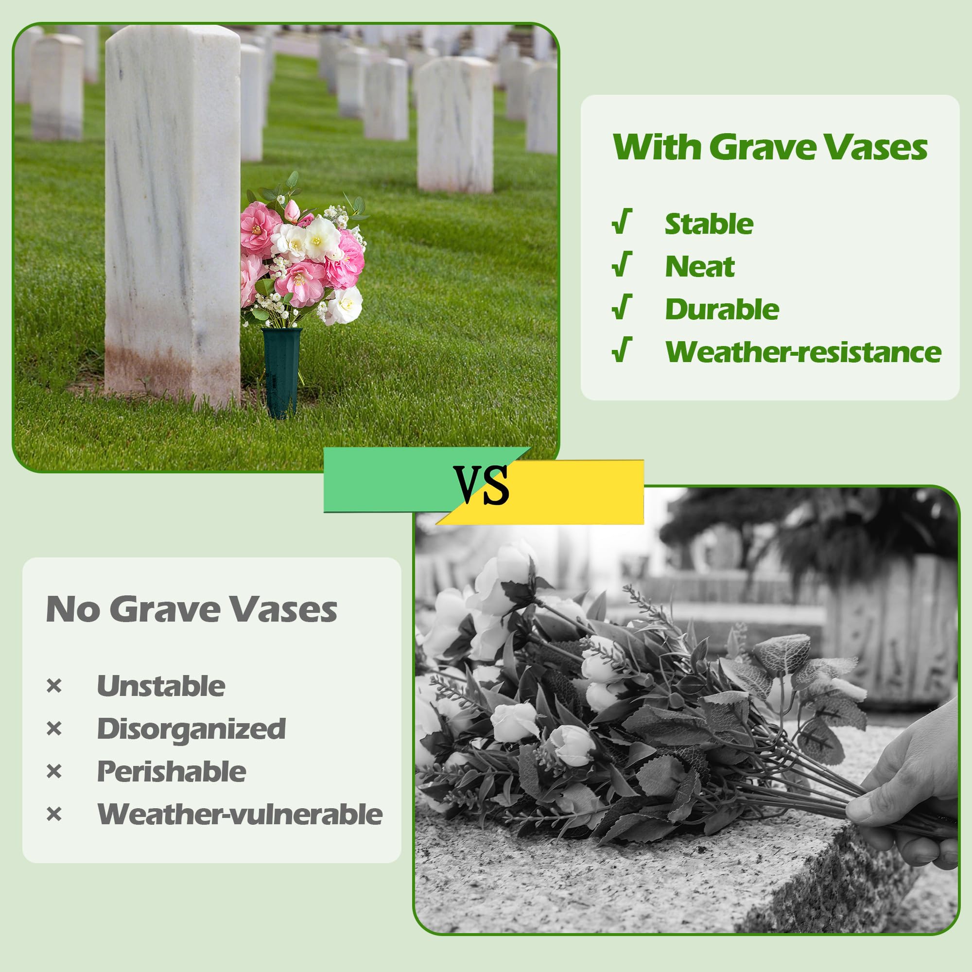 Vivantia 2 Pieces Grave Vases with Spikes & Floral Foam Cemetery Vases Graveside Flowers Holder Graves Flower Vase for Grave Yard Lawn Memorial Garden Decor (Green) - Image 4