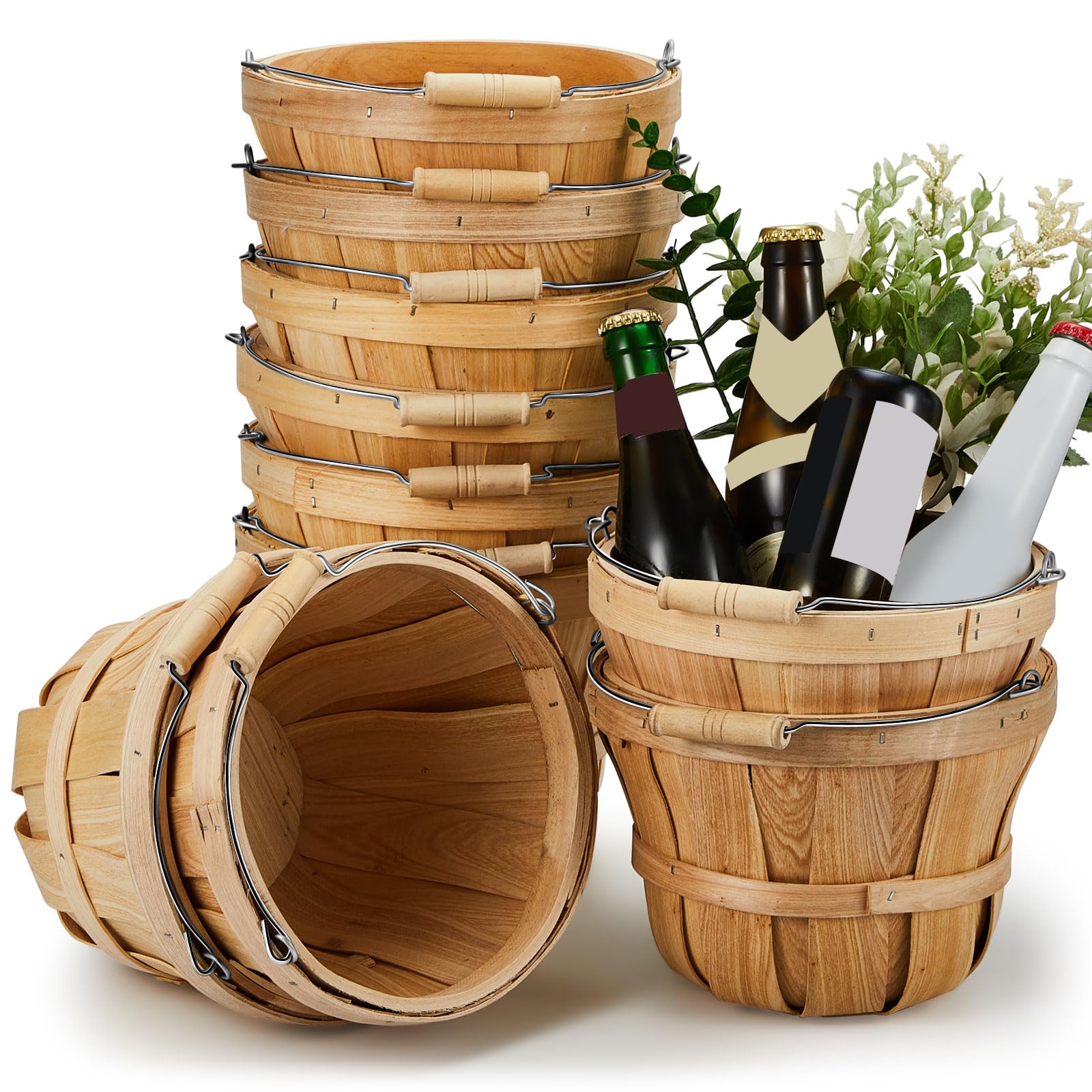 10 Stück runde Holzkörbe, tragbare Holz-Obst-Eimer mit Griffen, Garten-Erntekorb für Zuhause, Display, Obst, Gemüse, Lebensmittelaufbewahrungsbehälter, Partyzubehör, 19 x 15 cm (natürliche Holzfarbe)