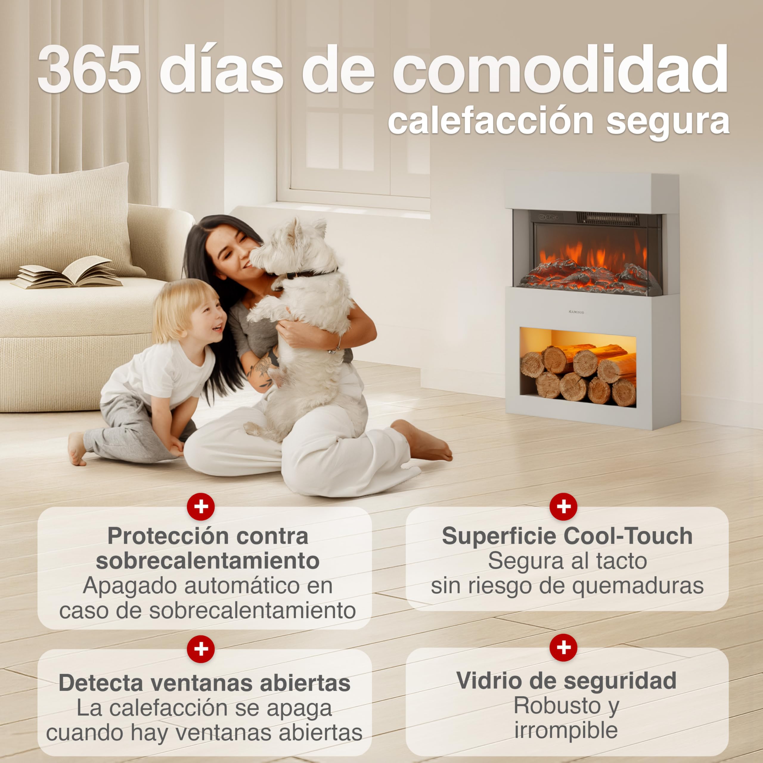 KAMINIO Eléctrica Chimenea Henri - Estufa de Chimenea eléctrica con calefacción, Efecto Llama 3D, LED, Control Remoto Blanco