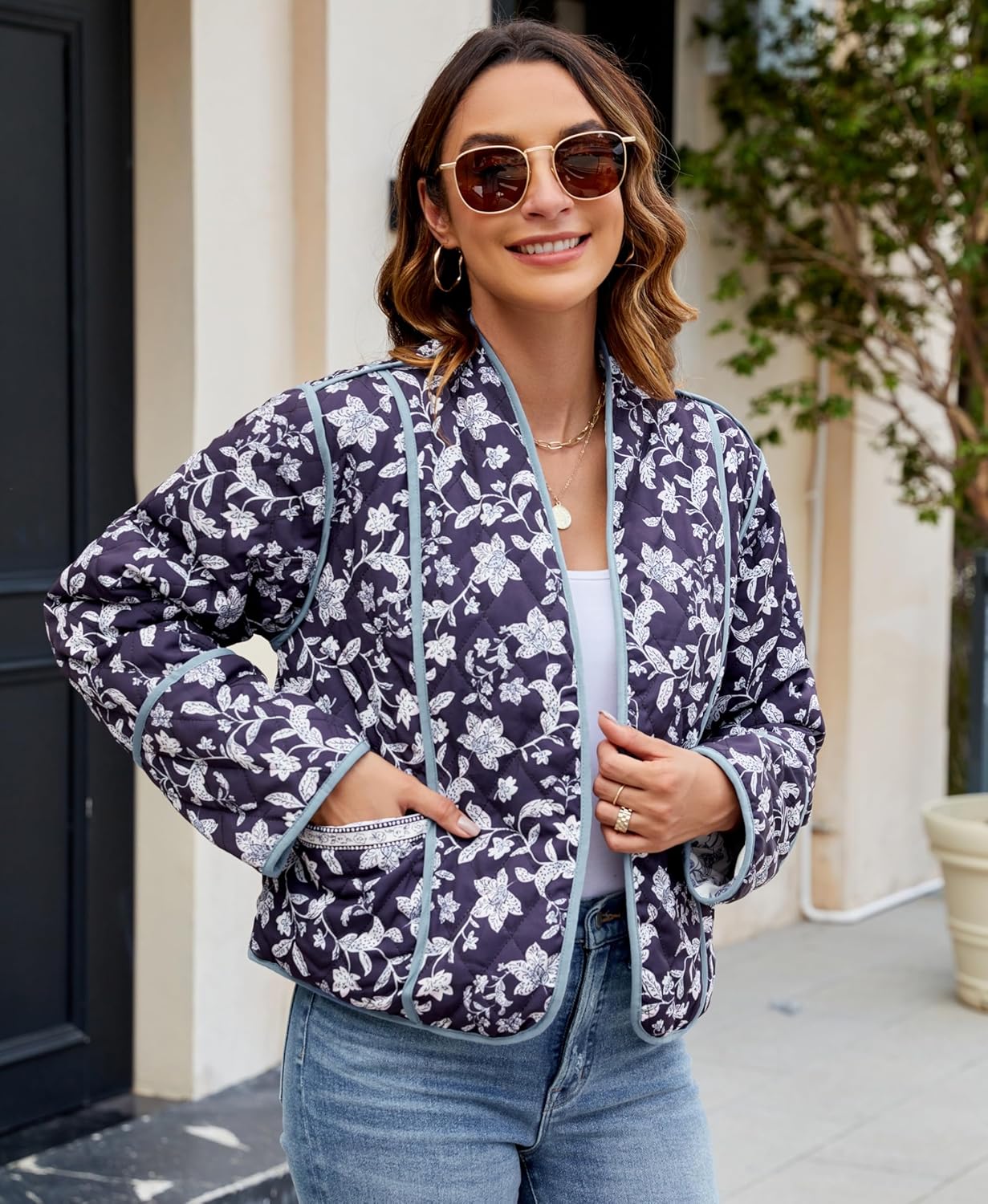 OPCAKM Women's Cropped Floral Print Quilted Jacket Lightweight Coats Open Front Puffer Outerwear - Image 3