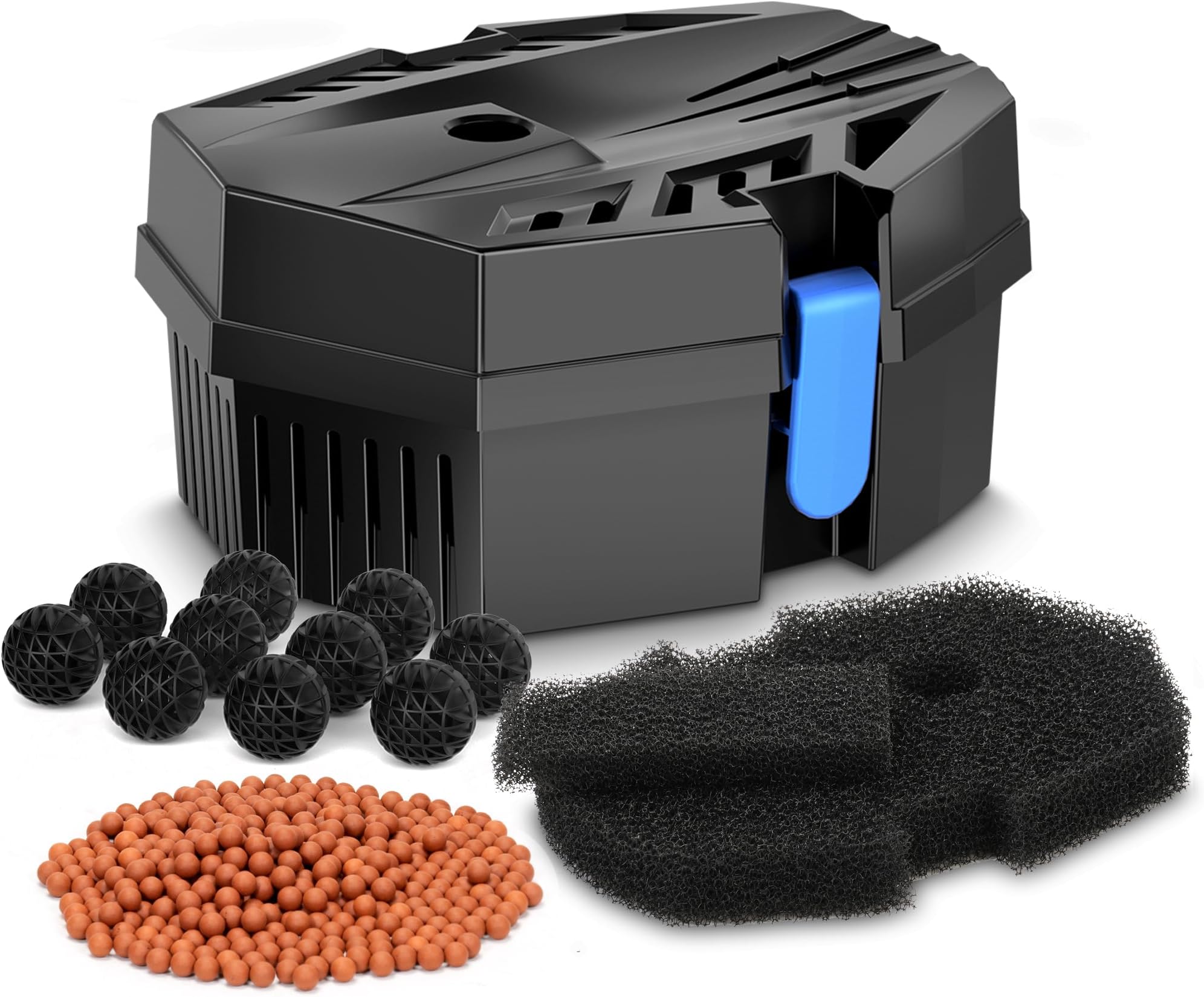 Antfraer Small Pond Filter Box - Pond Filter with Bio-Balls & Ceramic Rings, Submersible/Fountain Pump Compatible for Koi Ponds, Garden Fountains & Aquariums (No Built-in Pump)