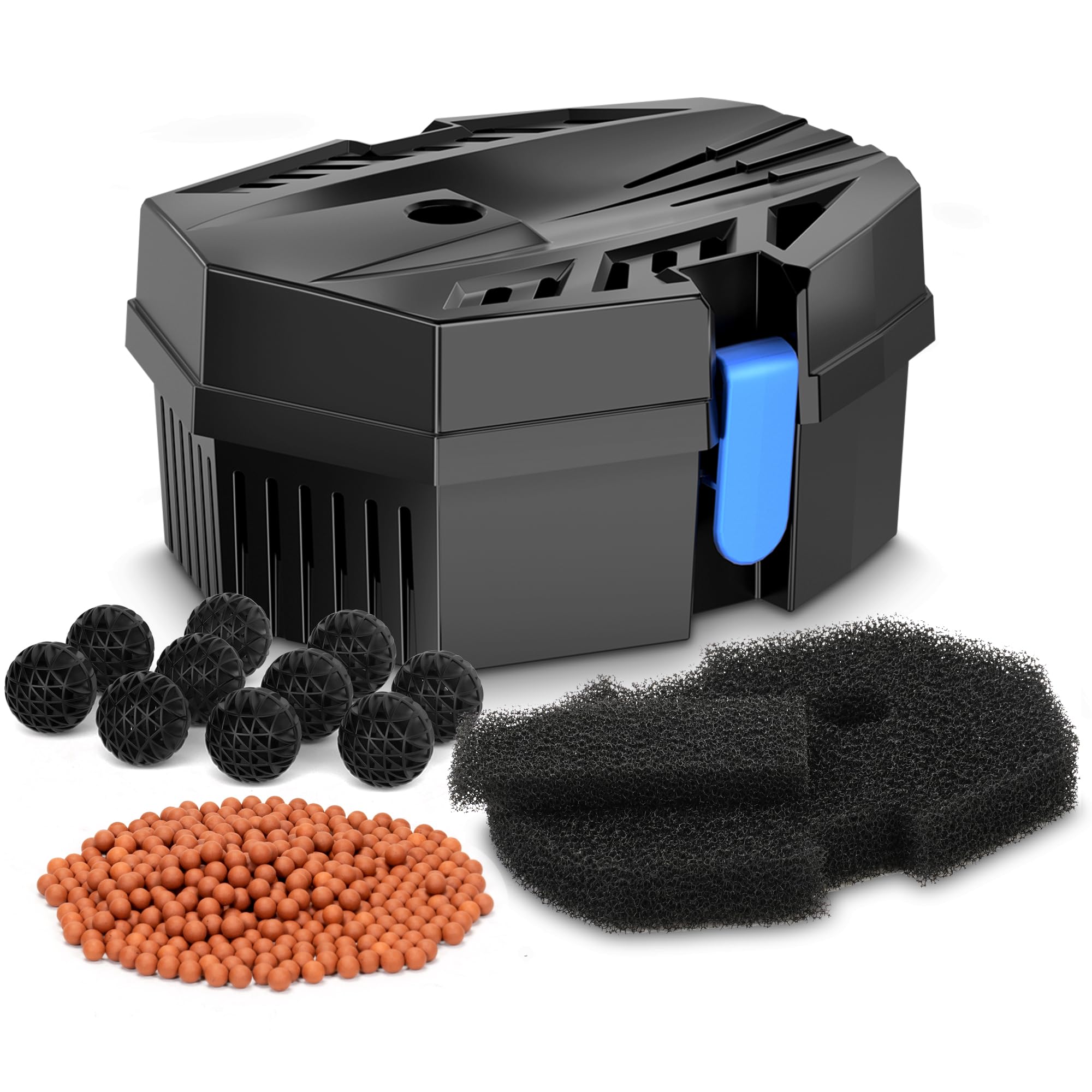 Antfraer Piccola scatola filtrante per laghetto – Filtro per laghetto con sfere biologiche e anelli in ceramica, pompa sommergibile/fontana compatibile per stagni koi, fontane da giardino e acquari