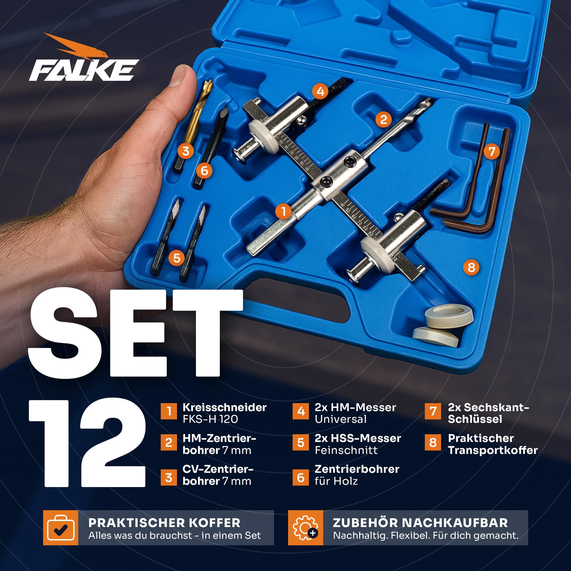 Tronchese Falke FKS-H 120 (sega a tazza regolabile) - universale per legno, plastica, cartongesso | Diametro infinitamente regolabile (40-120 mm)