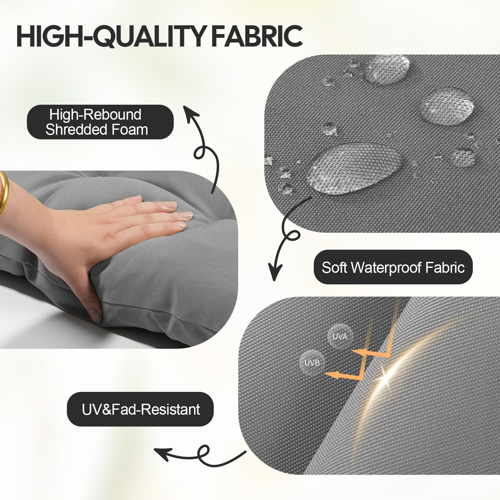 RIMEPATIO Outdoor High Back Chair Cushion 120x45cm, 8cm Thick Tufted Waterproof Rattan Seat Pad with Ties for Garden & Patio Dining Chairs, Loungers, Recliner, Grey — view 5