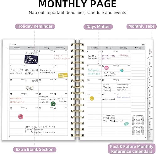Miniatura 2 de Ospelelf Agenda semanal mensual 2024-2025, 2024, encuadernada en espiral, cubierta de PVC, planificadores de vida con calcomanías, mármol rosa (A5)