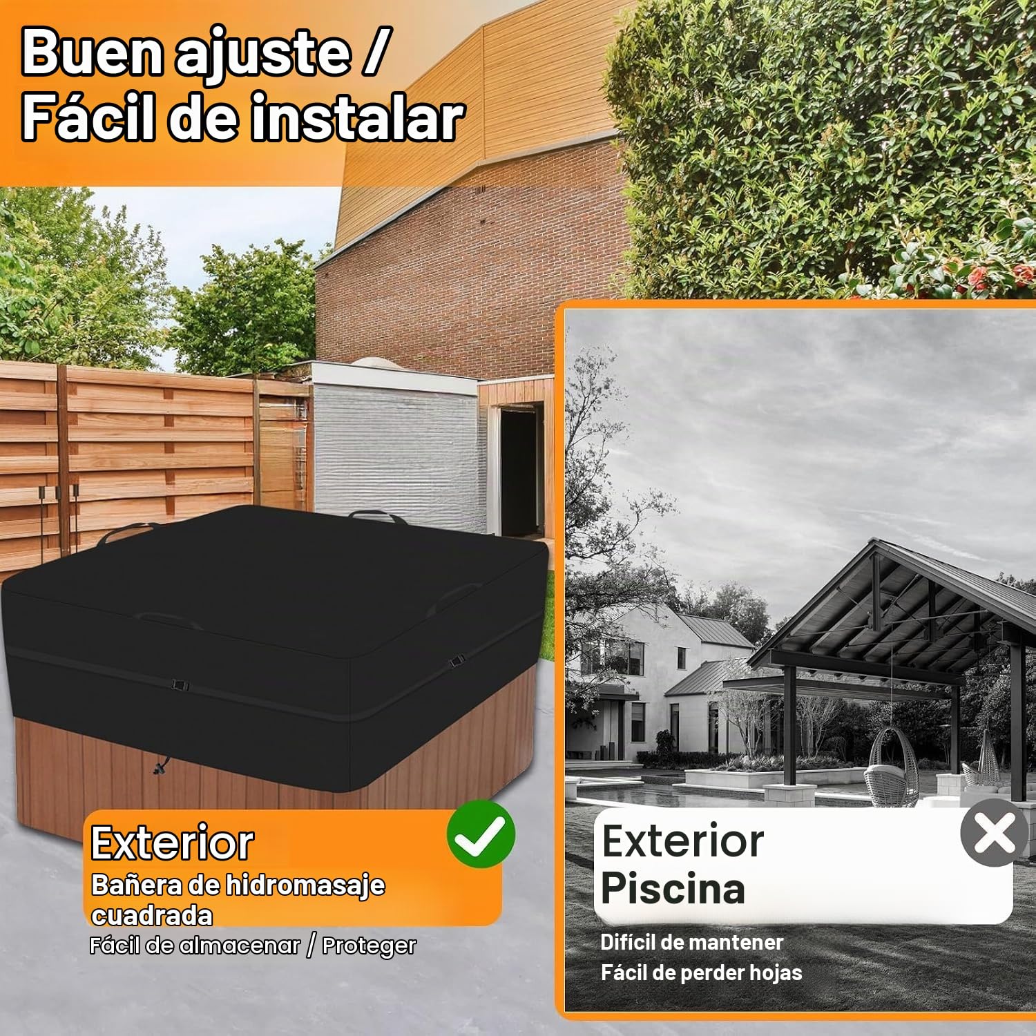 Funda Protectora Cuadrada para Jacuzzi, Oxford 600D Cubierta Cuadrada para bañeras de hidromasaje, Impermeable, Rayos UV, Resistente a la Intemperie, Color Negro (200 * 200 * 25cm)