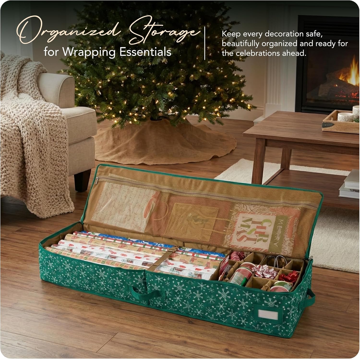 Covermates Keepsakes Gift Wrap Storage Organizer – Heavy-Duty Polyester with Buckle Straps & Interior Pockets – Holds Up to 15 Rolls of Gift Wrap with Handles & Label Window, Green Snowflake