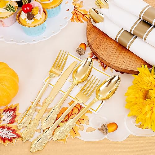Vista 13 de Liacere Paquete de 30 cubiertos de plástico dorado – Utensilios de plástico dorado de alta calidad – Incluye 30 tenedores, 30 cuchillos, 30 Oro