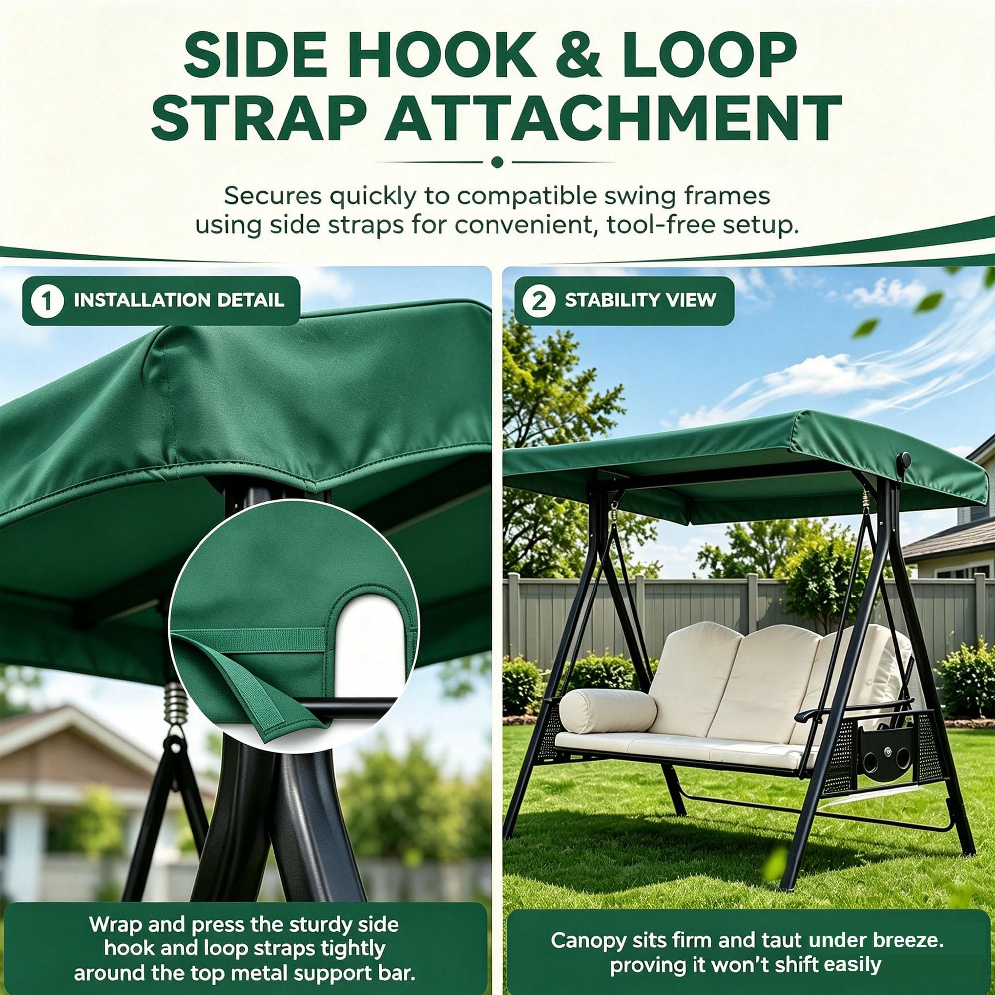 Telo Copri Altalena Esterno 2 3 Posti Impermeabile | Tessuto poliestere 600D, giardino terrazza, protezione sole pioggia, facile pulizia(Green,76.8 x 46.5 x 9.8 x 7.1in)