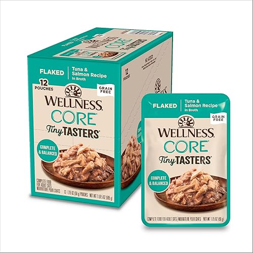 Wellness CORE Tiny Tasters - Alimento húmedo para gatos adultos, natural, rico en proteínas, sin granos, bolsa de 1.75 onzas, paquete de 12, atún y