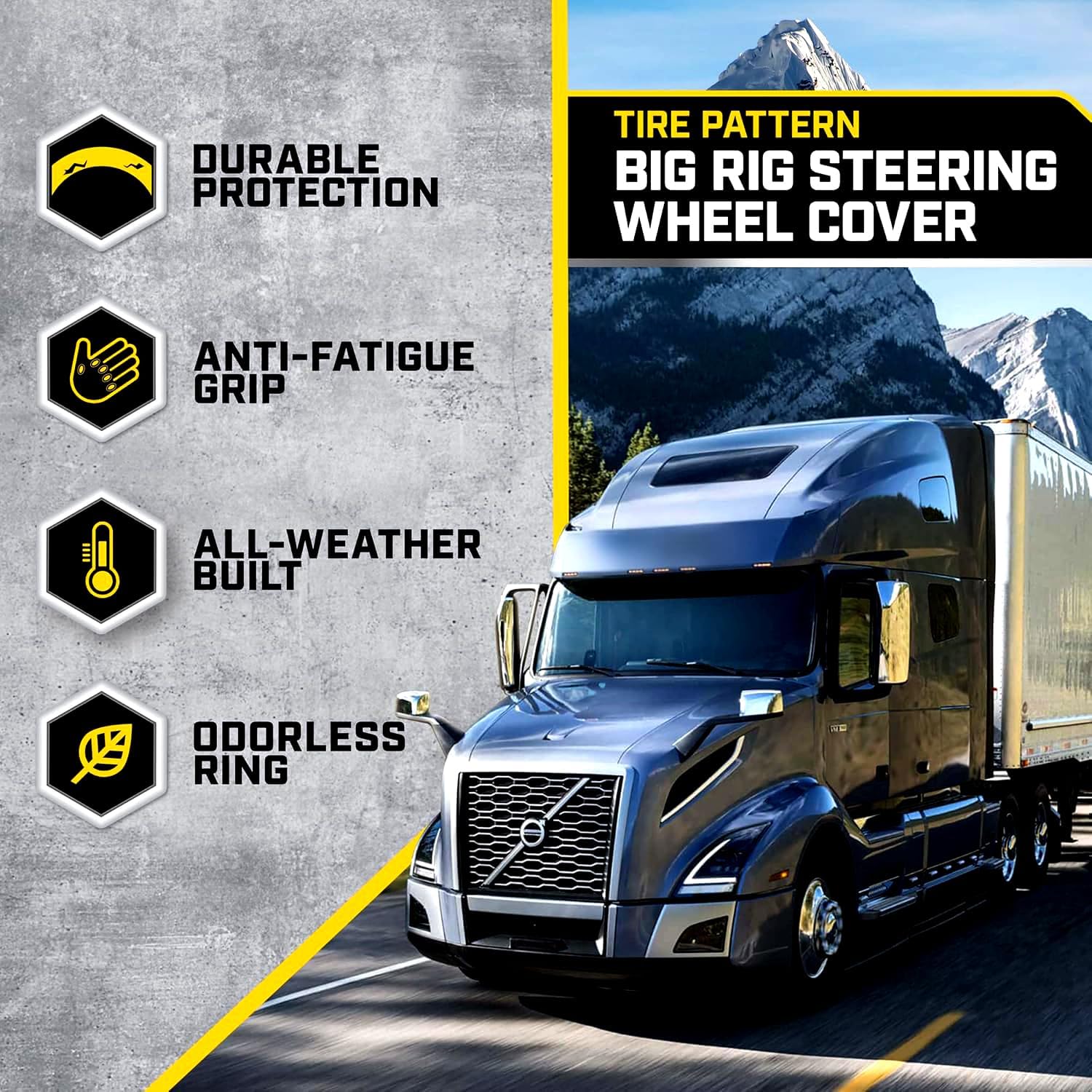 Car Steering Wheel Cover, Extra Large 18 inch Size, Tire Tread Inspired Traction Grip Design, Black Steering Wheel Cover for RV Semi Truck Big Rig Trucker + Air Freshener Bundle