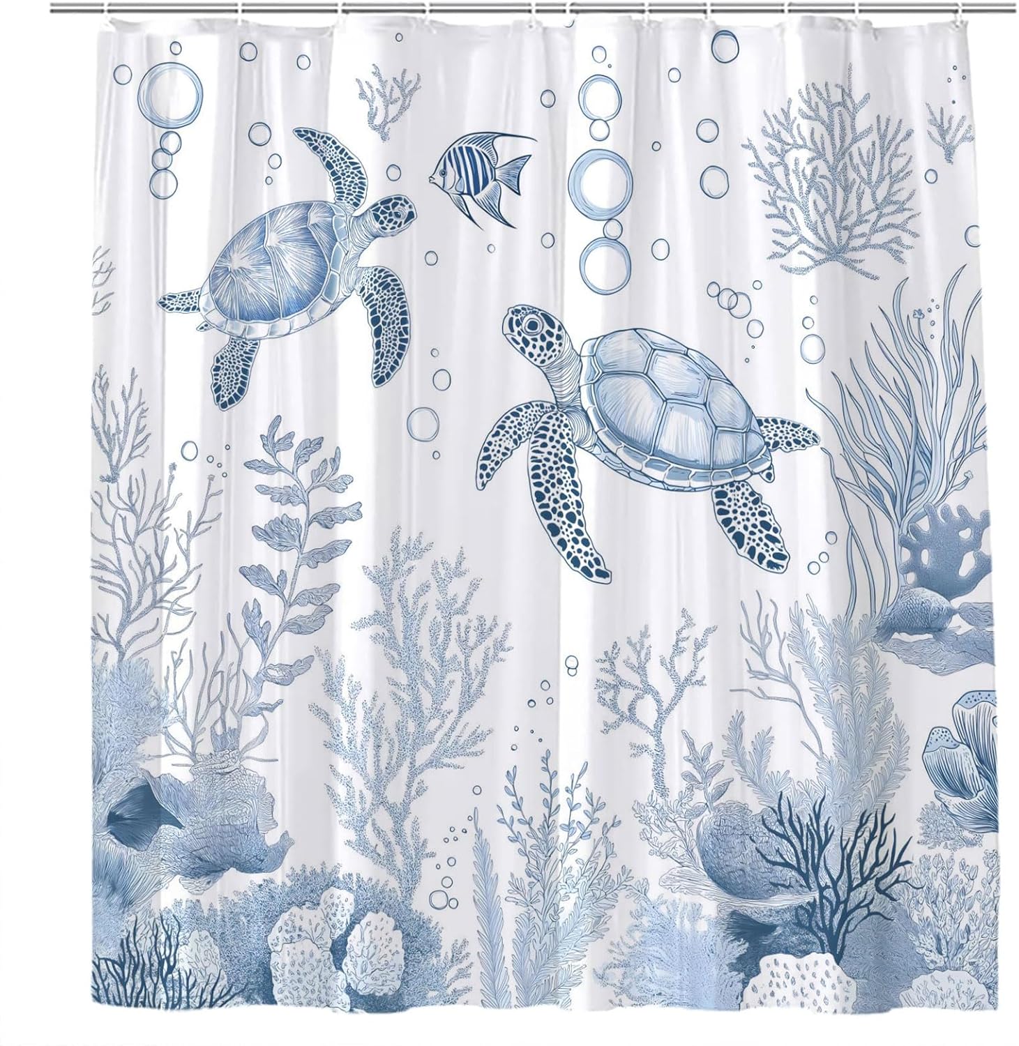 Sea Turtle Shower Curtain Teal Blue Ocean Beach Coastal Underwater Summer Animals Nautical Coral Fish Coral Bathroom Decor Curtains 86x70 inch with Hook