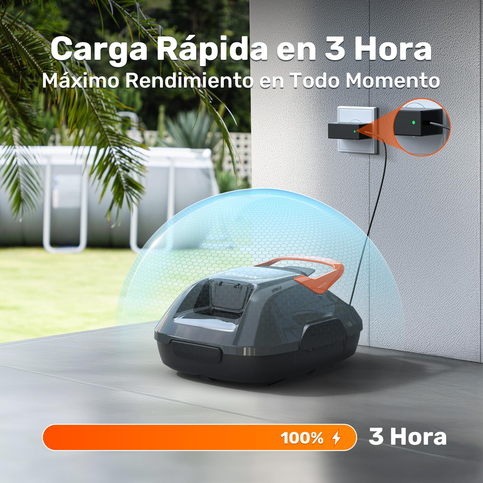 Gosvor (Nuovo 2026) Robot limpiafondos Piscina Sin Cables - Autonomía 90 Min, Autoestacionamiento,para Piscinas hasta 80m², Filtro 180 Micras, Limpiafondos Automático Inalámbrico,Gris-Naranja