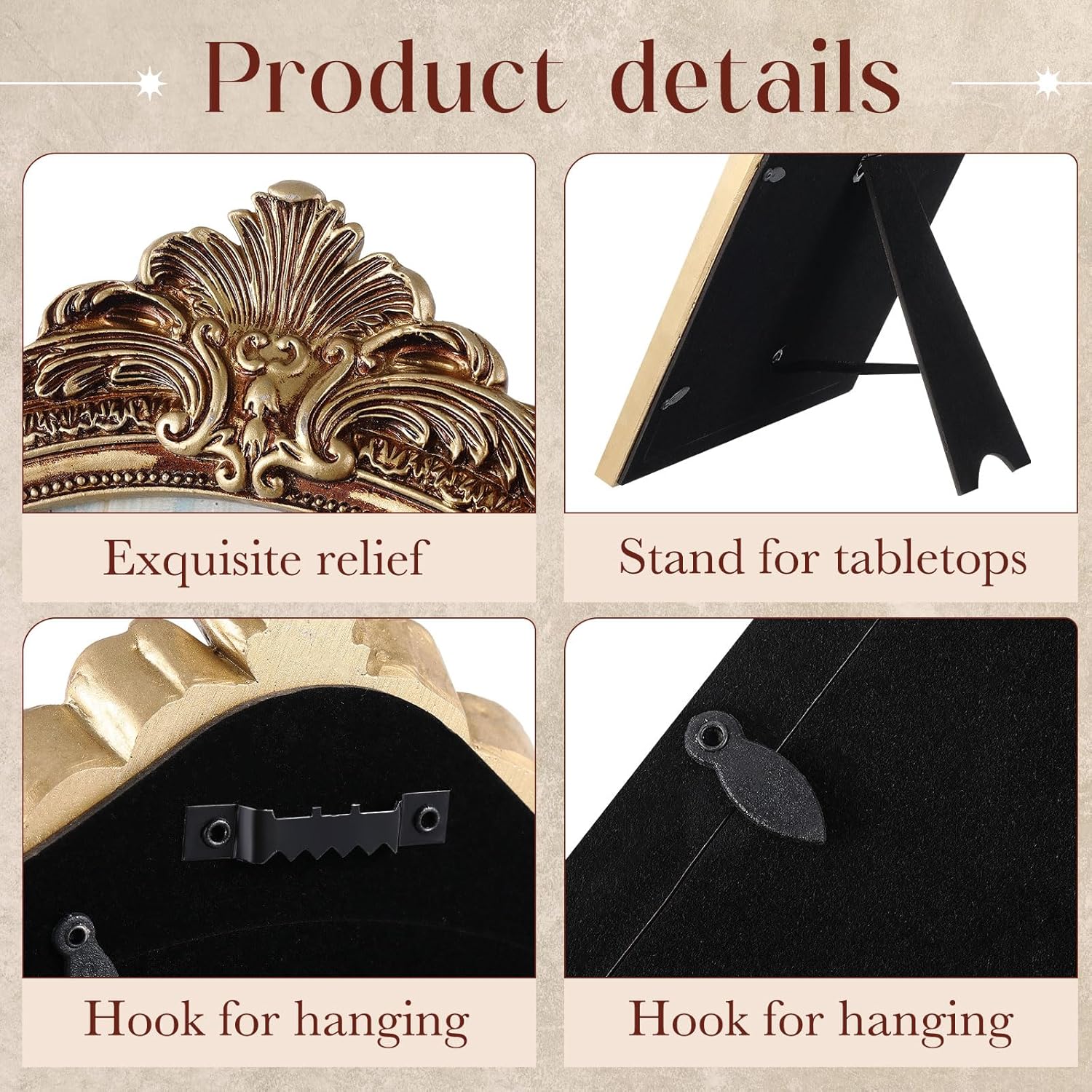 5 Pcs Vintage Picture Frames Bulk Baroque Ornate Gold Arched Photo Frames Antique for 3.5x5, 4x6, 5x7, 6x8, 8x10 In, Stand, Tabletop, Flower Ornate for Home Decor Photography Props Gifts