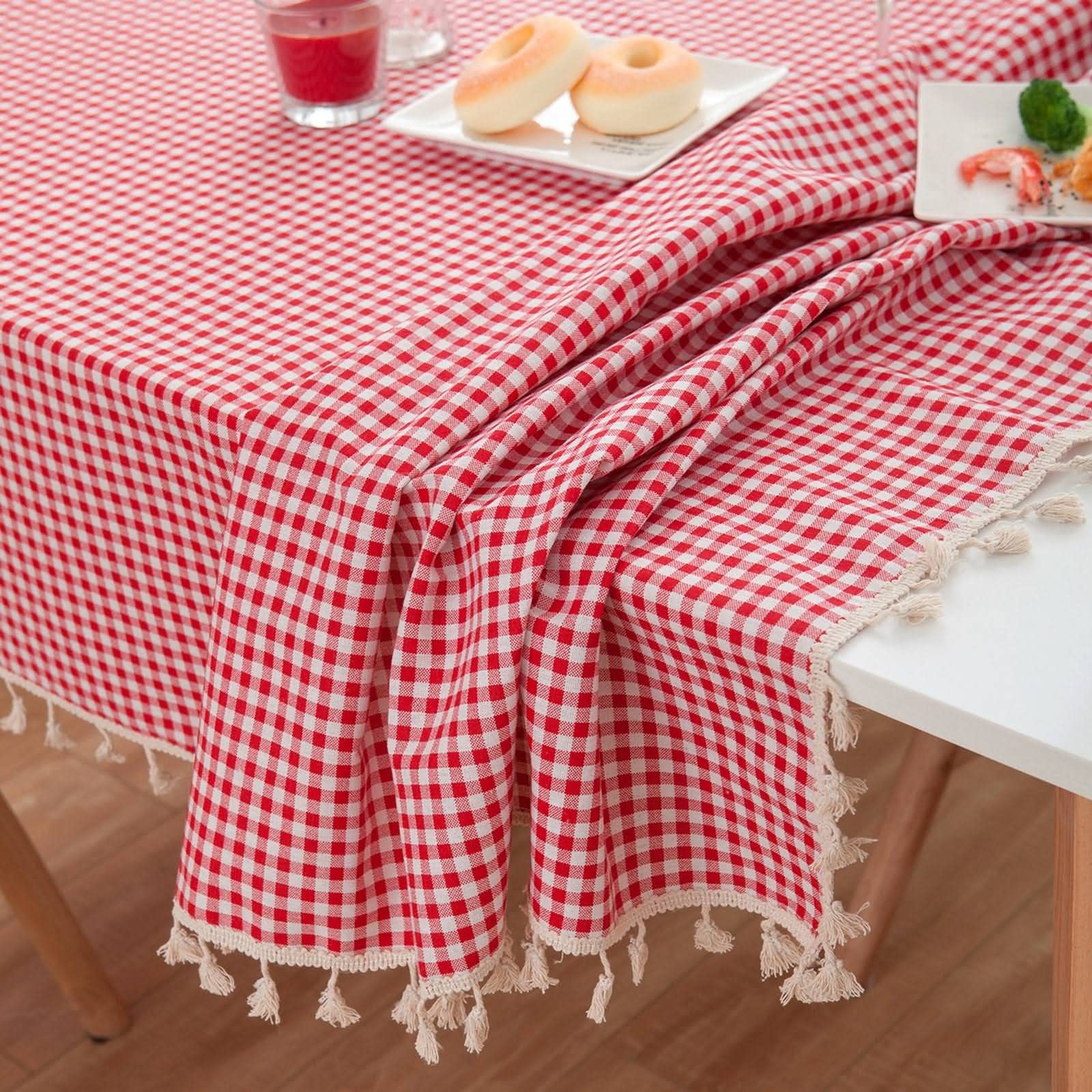 Camino de mesa a rayas antimanchas, borla de macramé, tapa elevadora, mantel pequeño, algodón, protector decorativo para chimenea, 140 x 160 cm, rojo y blanco