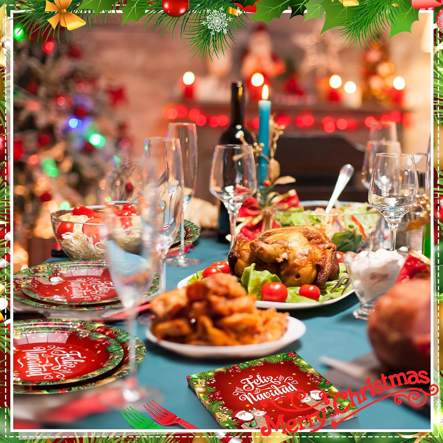 Qinyoung 96 Pcs Feliz Navidad Party Decorations Mexican Christmas Paper Plates and Napkins Set Feliz Navidad Dinner Dessert Tableware Red and Green Serve 24 Guests for Spanish Christmas Party Supplies