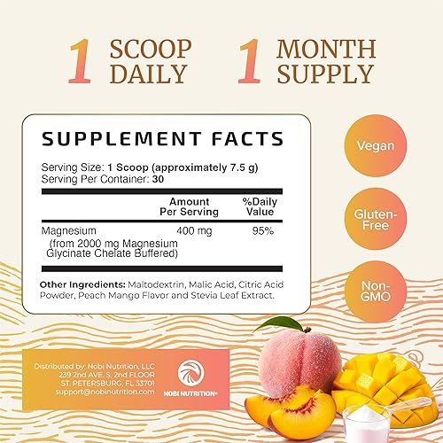 Miniatura 5 de Polvo de glicinato de magnesio de 400 mg  Apoyo para dormir y relajación, sabor melocotón y mango, sin azúcar, polvo de magnesio quelado de alta