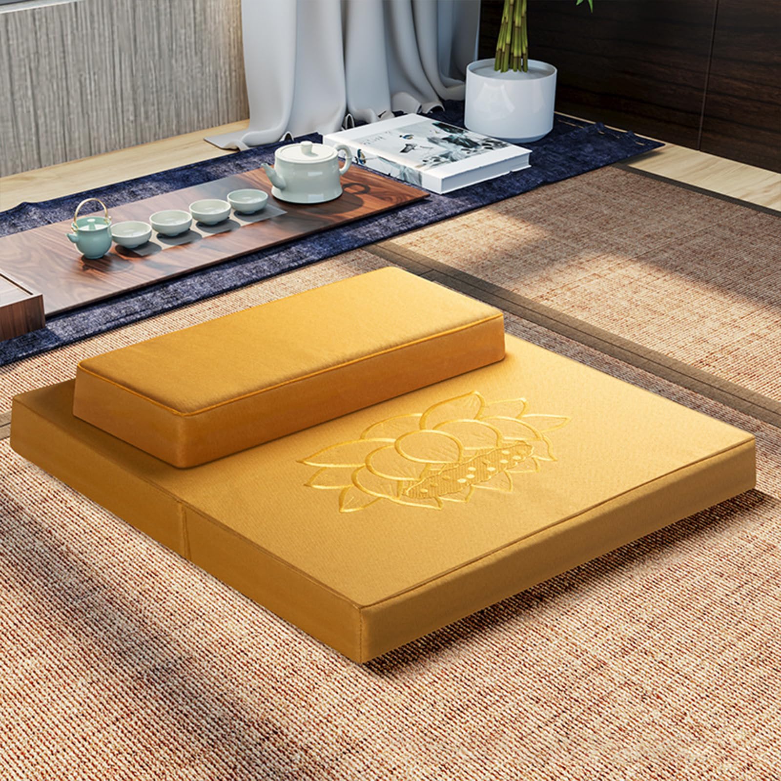 Set Cuscini da Meditazione, Tappetino da Meditazione Pieghevole e Cuscino Zafu, Lavabile in Lino di Cotone, Cuscino da Meditazione con Chiusura L(Size:70cm with bag and blanket,Color:Giallo brillante)