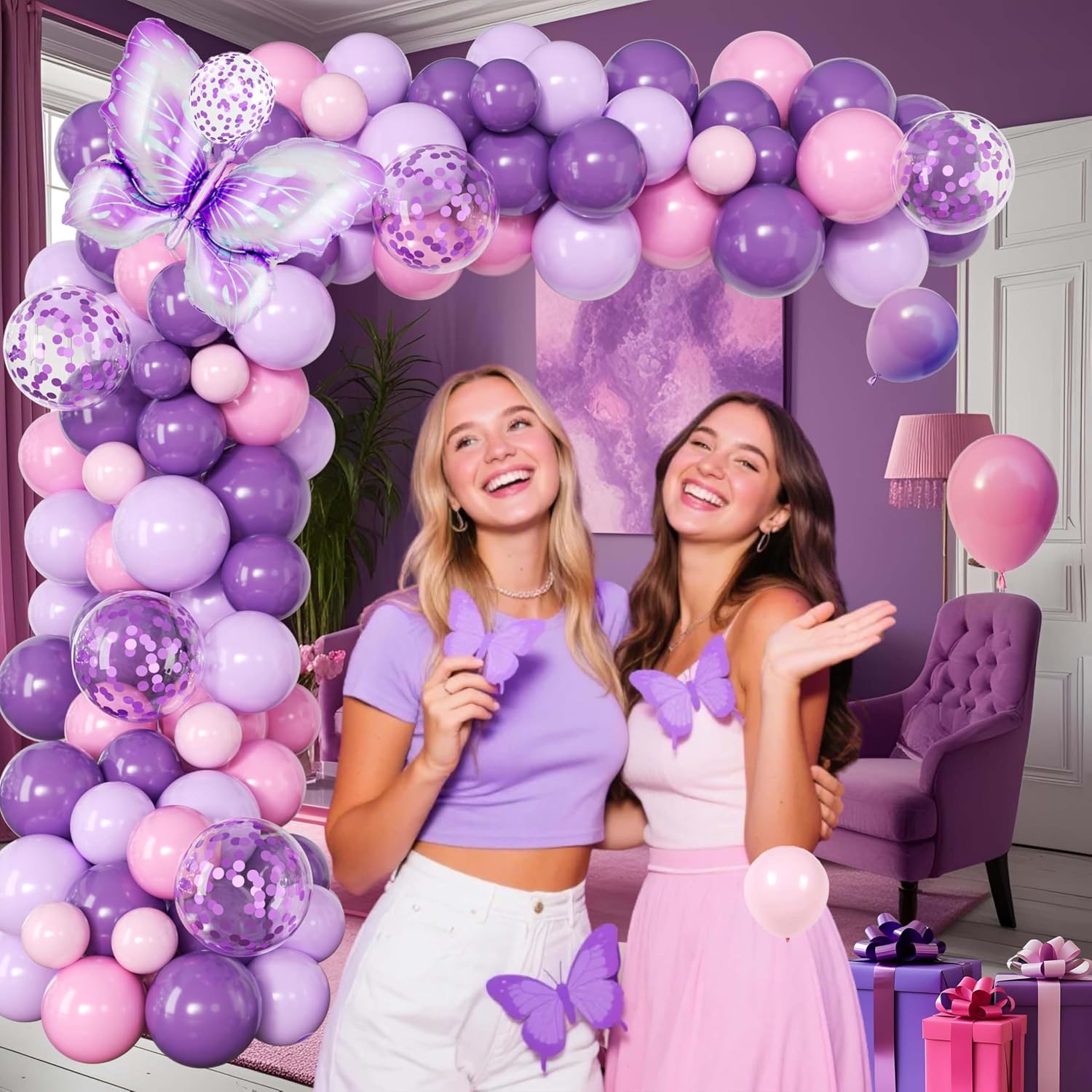 Purple Butterfly Birthday Decorations Balloon Arch Kit - Glitter Butterfly Party Supplies with Garland, Backdrop, Centerpieces for Women Girls Birthday Party Decor