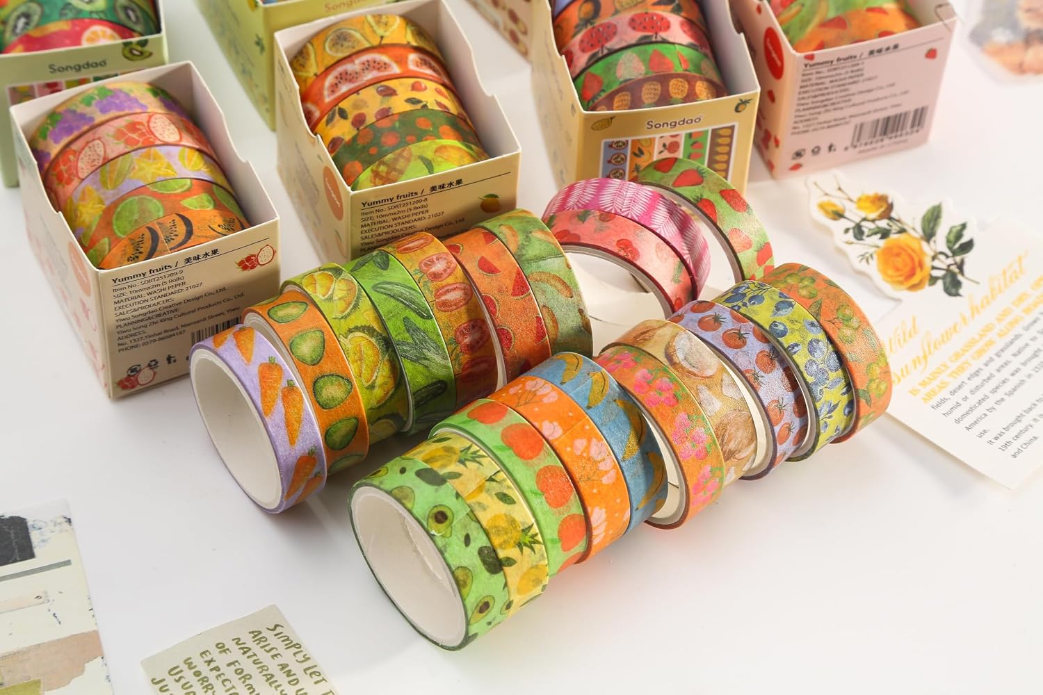 60 Rolls Cute Washi Tape Pack Basic Mini Adhesive Tapes Stars, Plaids, Florals, Grids & Dots Patterns Decorative Masking Tape Sets for Craft, Kids, Scrapbook, DIY, Gift Wrapping (Fruits)