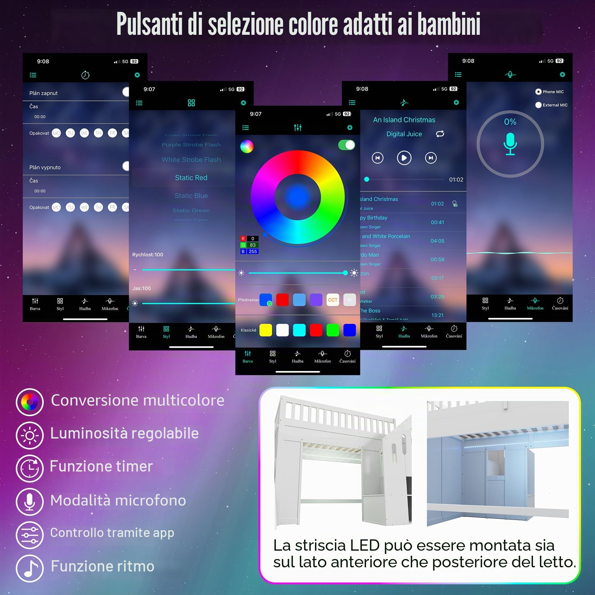 Letto a castello, letto a soppalco, 90 x 200 cm, con scivolo, protezione da cadute e scala di stoccaggio, letto per ragazzi, con striscia luminosa a LED, in legno massiccio, bianco