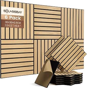 Soundsbay 6 Pack Acoustic Panels Self-Adhesive, 12 x 12 x 0.4 inches Oak