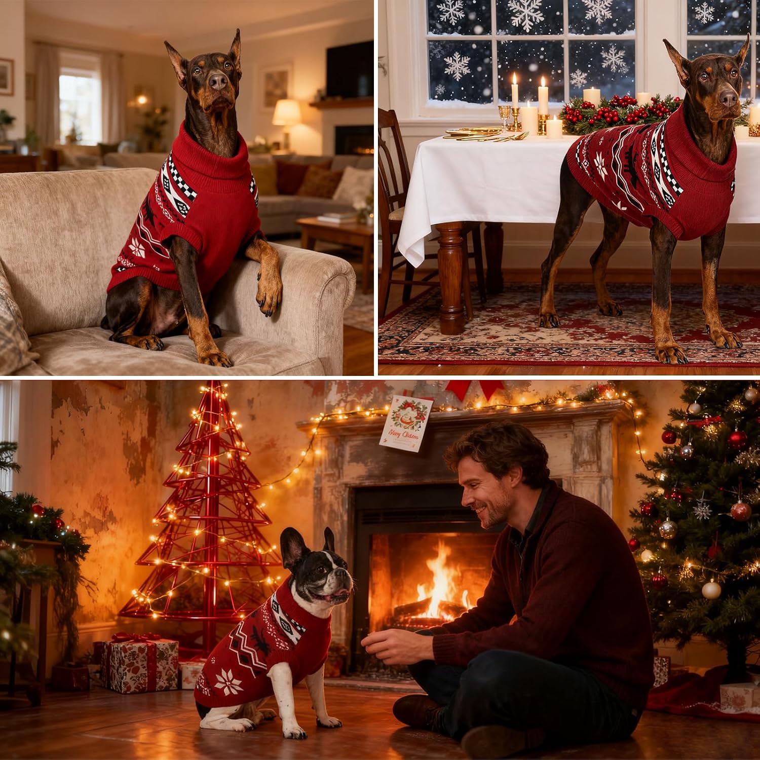 Christmas Dog Sweater Turtleneck Dogs Pullover Sweater Christmas Reindeer Snowflake Pattern Warm Soft Pet Knitwear Boy, Girl - Dog Clothes (Red, X-Large (20-30lb))