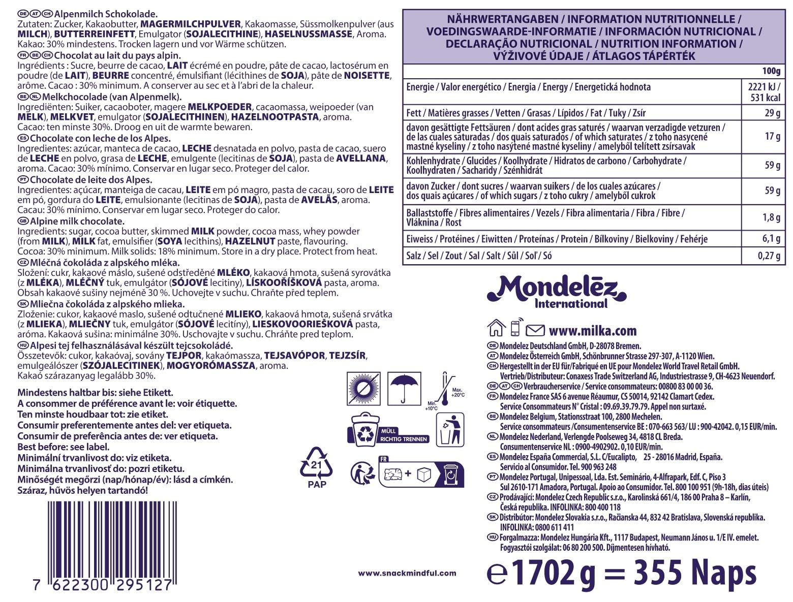 Milka Naps Mini Chocolatinas Individuales de Chocolate con Leche de los Alpes, Caja con 355 Ud, 1,7kg