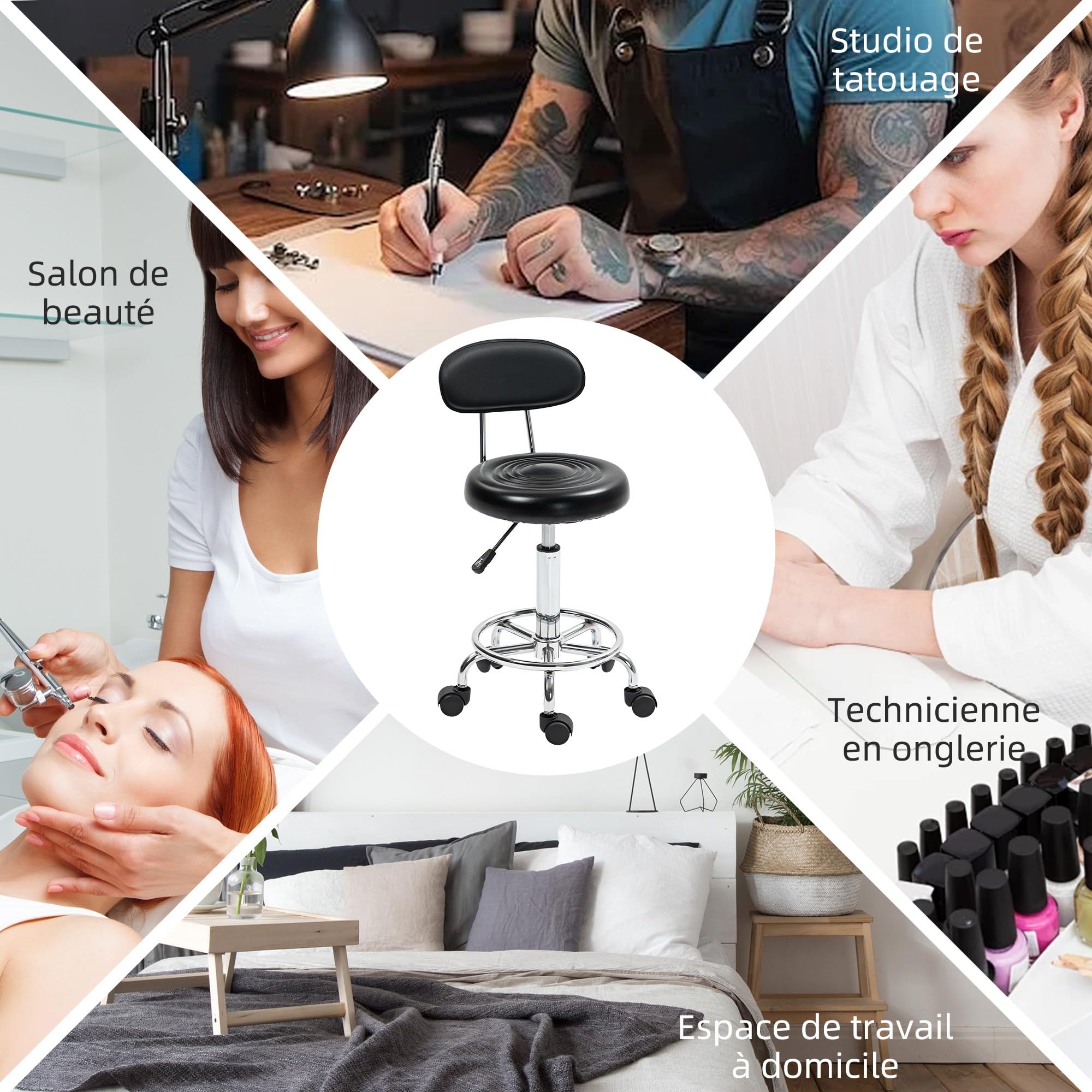 HOMCOM Tabouret à roulettes avec hauteur ajustable 70-86 cm, tabouret de massage pivotant avec dossier et repose-pieds, chaise de travail à roulettes pour salon de massage, tatouage, clinique, noir
