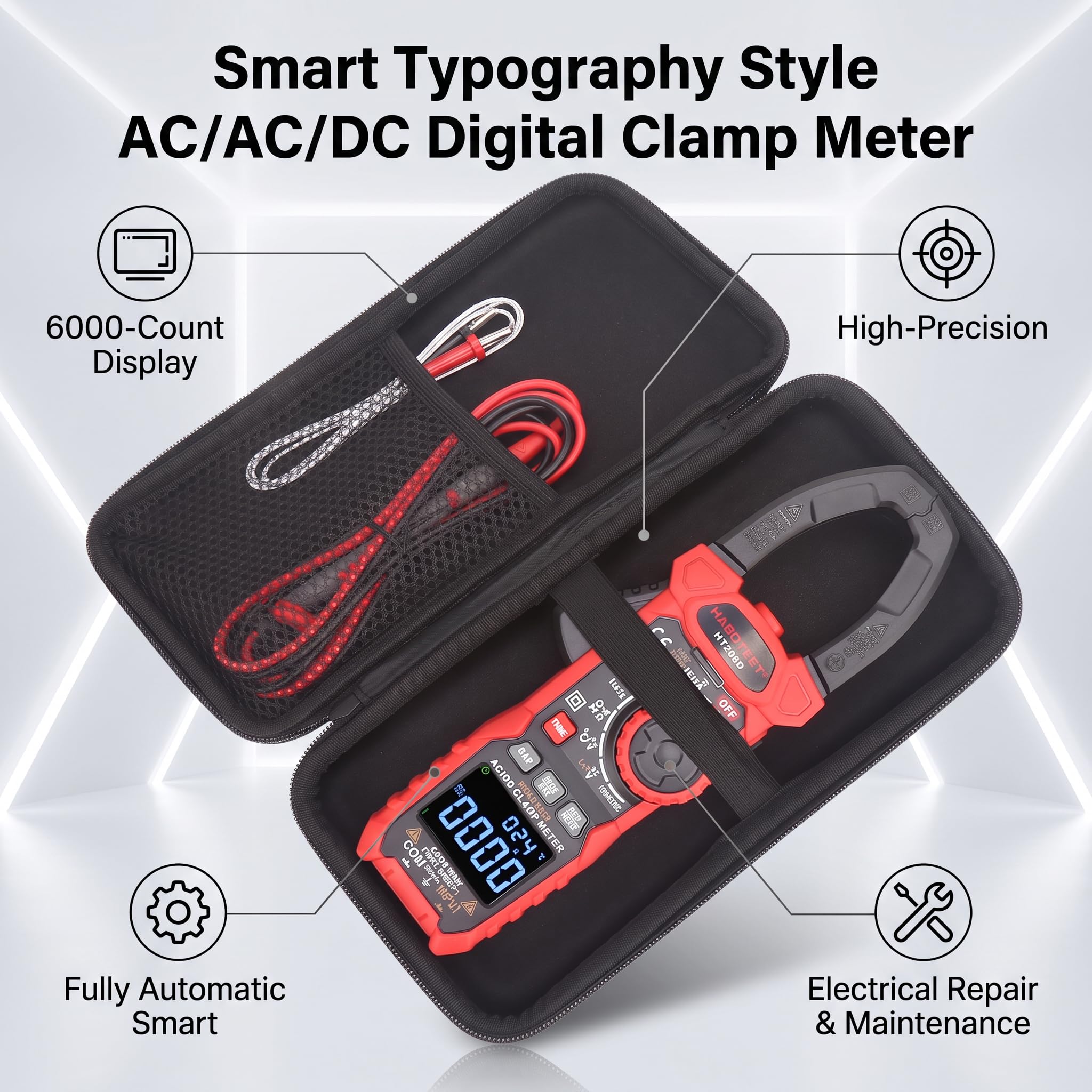 Pinza Amperimétrica Digital, HT208D AC750V/DC1000V 6000 Cuentas Voltaje Corriente NCV Tester Multímetro de Prueba Eléctrica