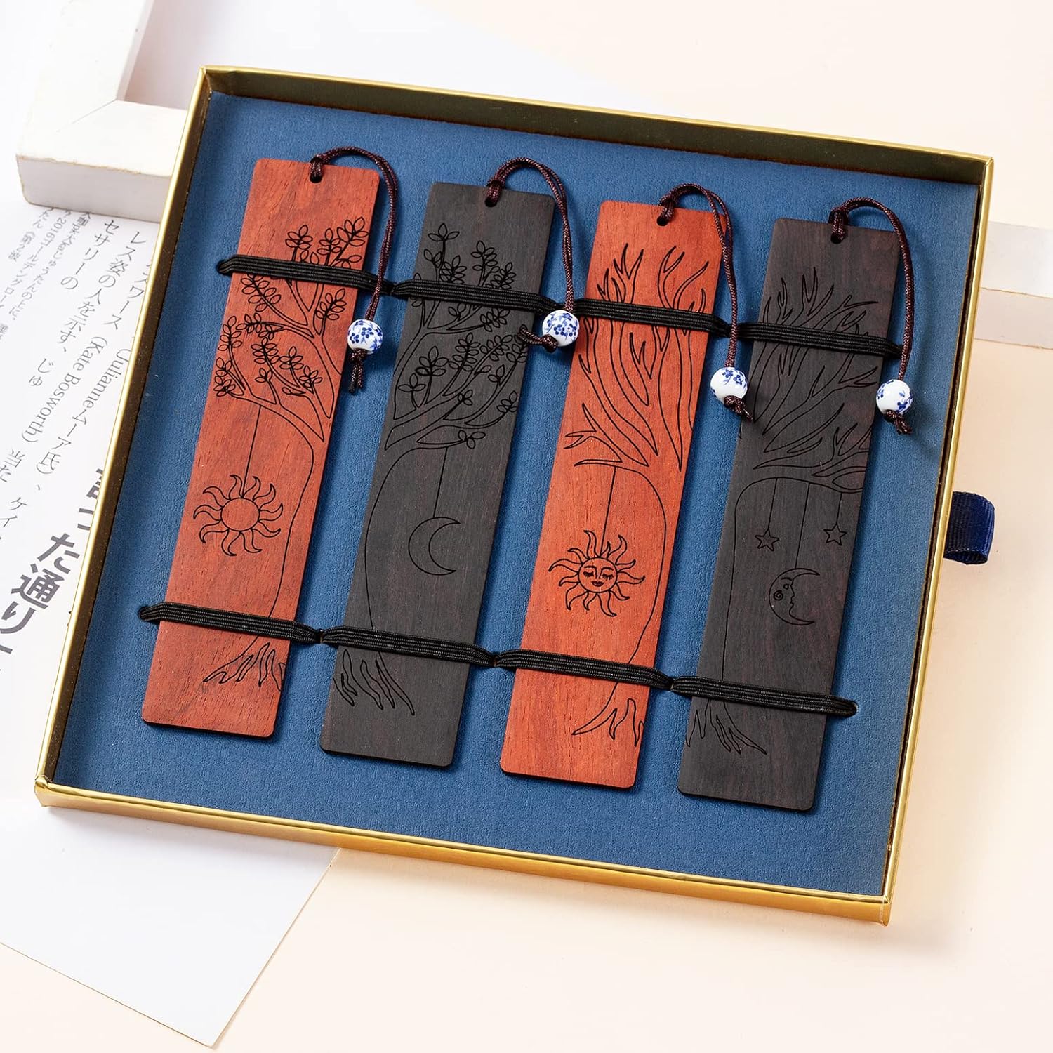 4 Pcs Bookmarks,Wood Bookmark Set for Book Lover, Book Marks for Men Women (Sun Moon Set) - Image 2