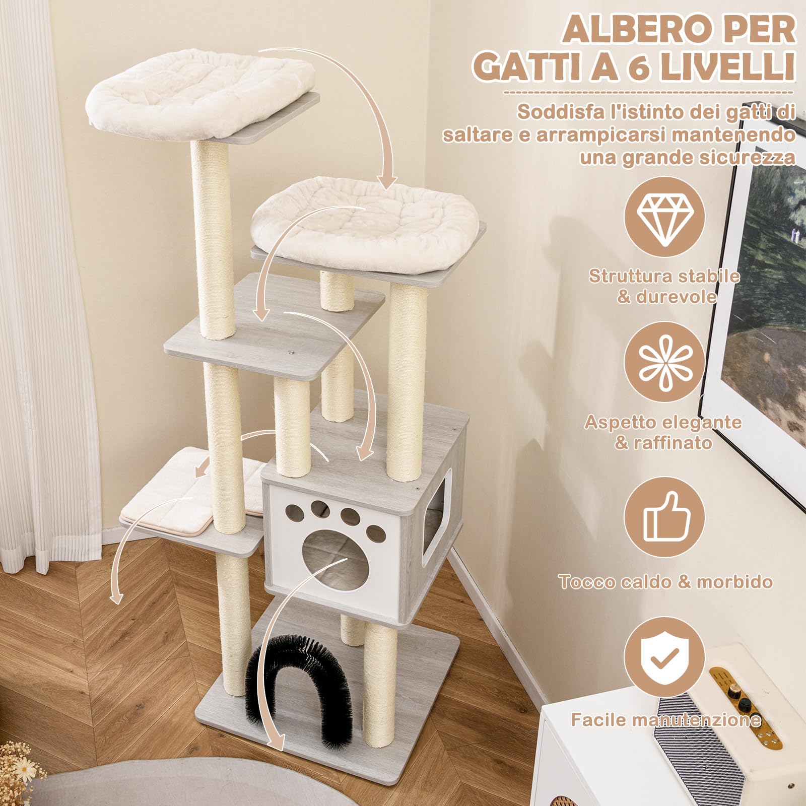 COSTWAY Albero per Gatti 176 cm con 2 Trespoli in Tessuto Felpato, Grigio