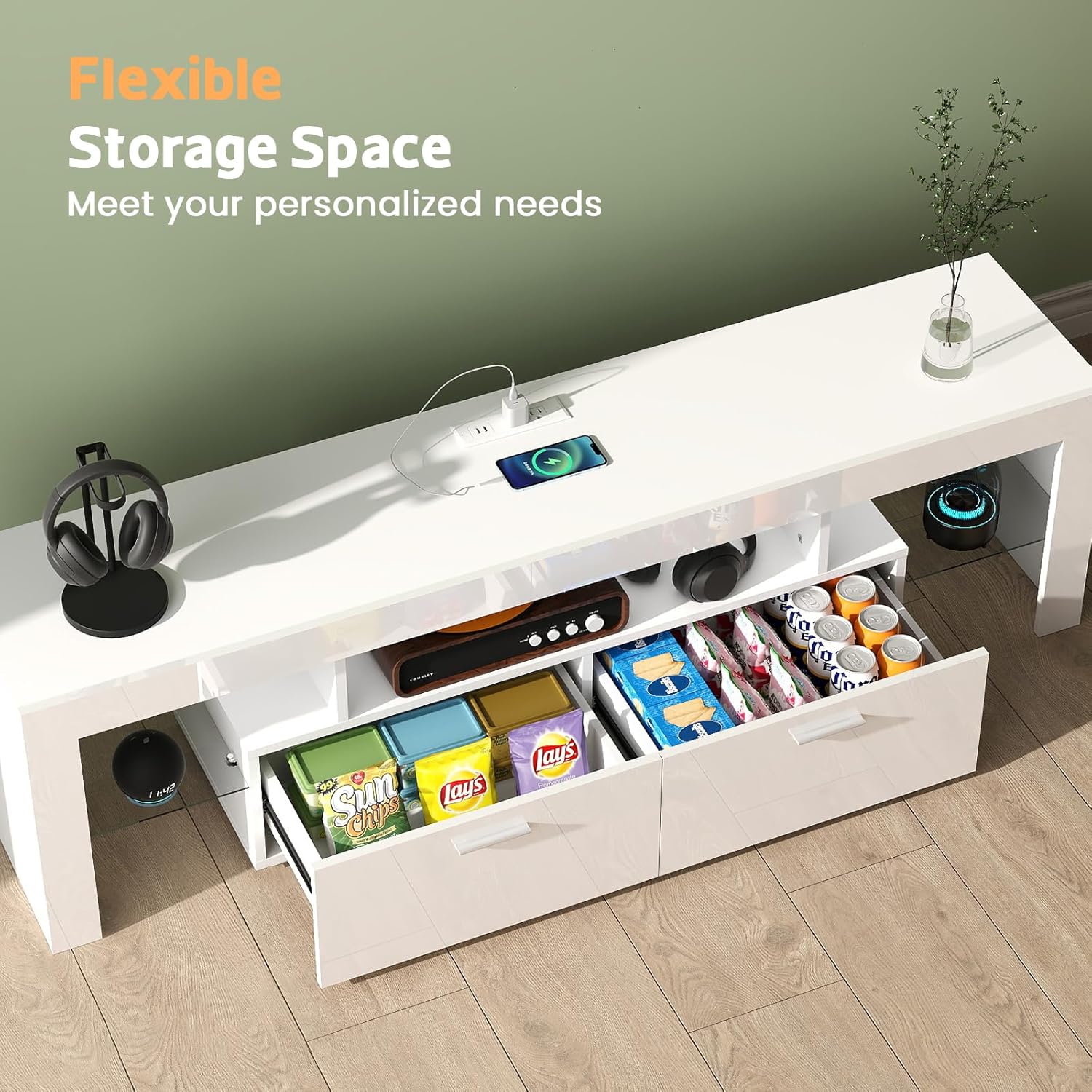 TV-Stand with Mount 75 inch - LED TV Stand with Power Outlet & Drawers, Modern Entertainment Center with Mount for Living Room, Bedroom, White
