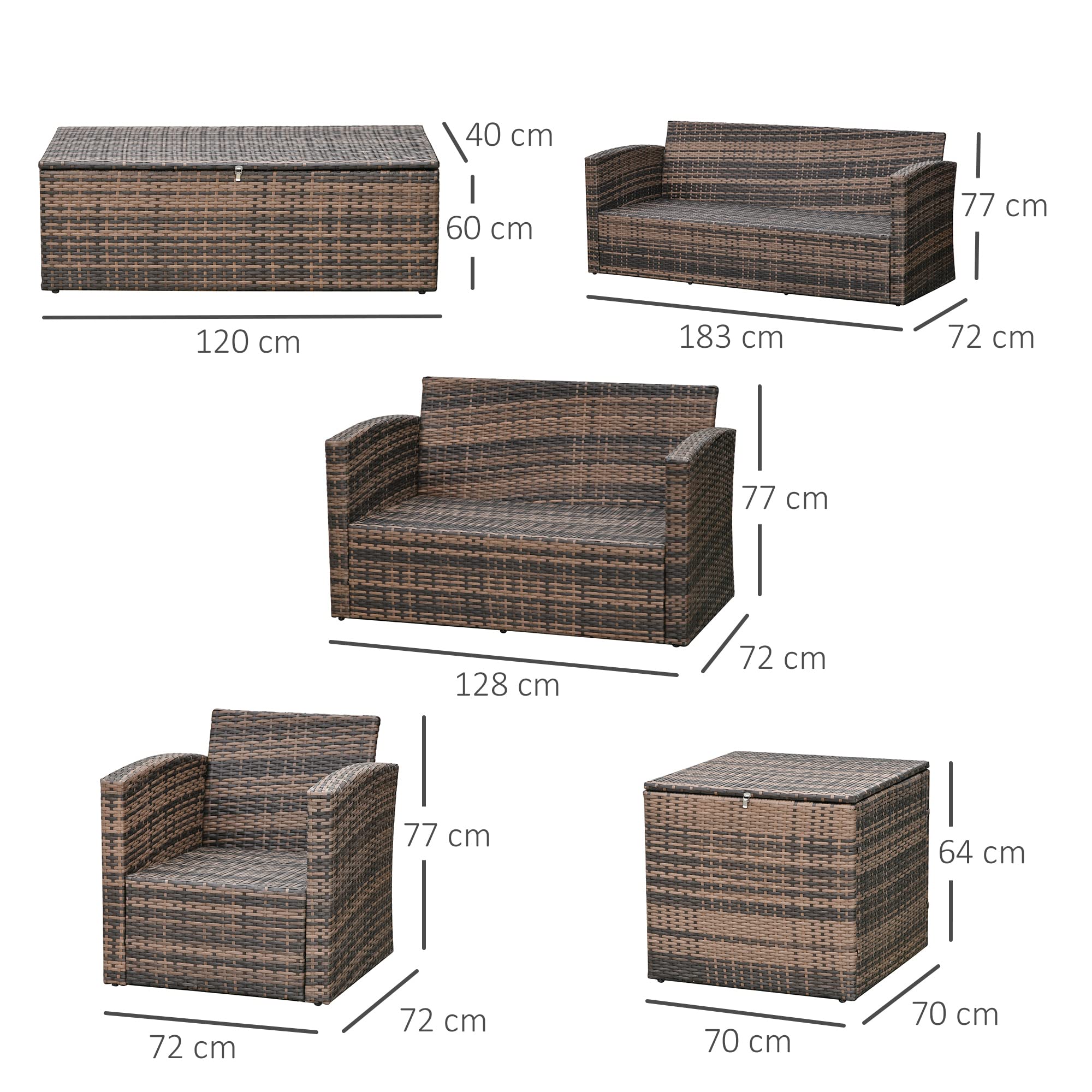 Outsunny Set Mobili da Giardino 6 Pezzi in Rattan, Salotto da Giardino con 2 Tavolini Contenitore, Divani e 2 Poltrone Imbottiti per 7 Persone, Marrone