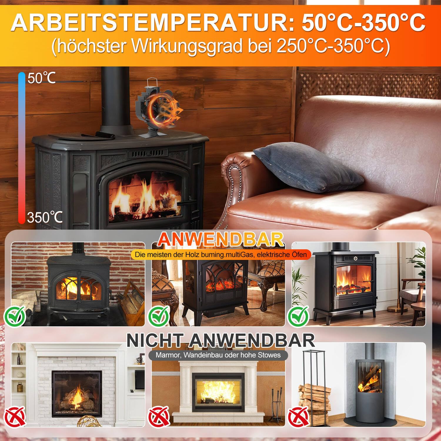 Wentylator kominkowy z 6 łopatkami z termometrem, obracany o 60°, bez prądu, 16,5 cm