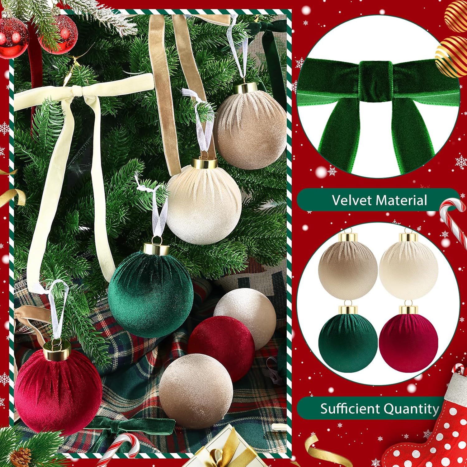 51 Pcs Christmas Velvet Ornaments 15 Pcs Christmas Tree Decor Balls 3.14" 36 Pcs Velvet Vintage Ribbon Bows 5/8" Wide 6 * 8" for Xmas Tree Hanging Decorations Home Indoor Decor (Four Colors)