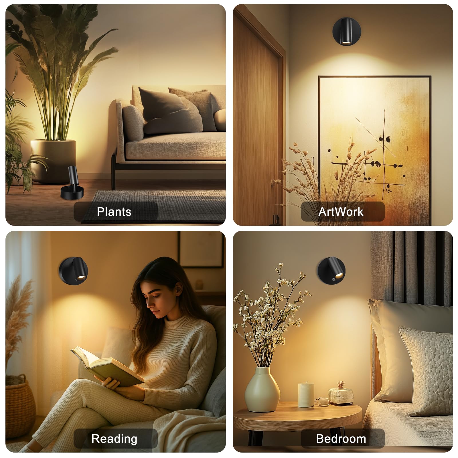 Kimjo LED Aplique Pared Interior sin Cable Recargable, Negro Focos de Pared de Interior a Pilas, USB Lámpara de Pared Regulable con Mando a Distancia para Planta Obra de Arte Salón Dormitorio, 2 Pieza