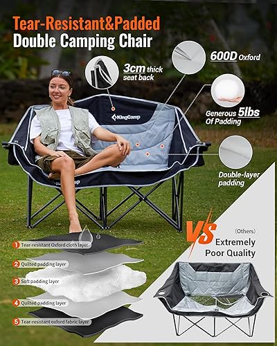 Miniatura 3 de KingCamp Silla de campamento doble, de gran tamaño, 660 libras, sofá biplaza resistente para adultos, portátil, plegable, XL, sofá para 2 personas,