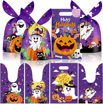 50 Pcs Halloween Treat Bags - Happy Halloween Goodie Bags with Handles, Trick or Treat Helloween Themed Goody Candy Snack Gift Bags, Cute Rabbit Ears Party Bag for Helloween Party Supplies Favors
