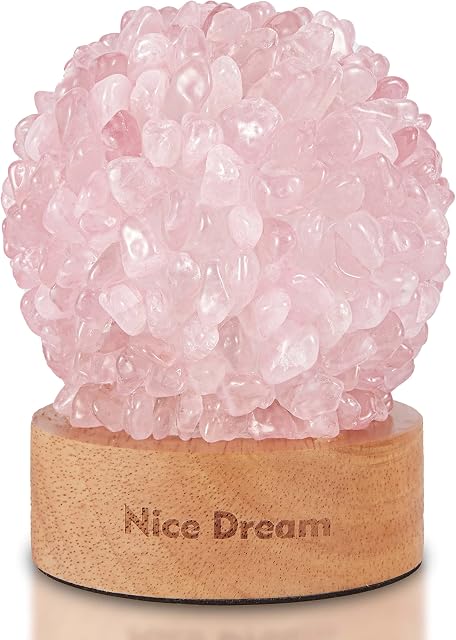 Nice Dream Rose Quartz Lamp, Natural Crystal Lamp with Wooden Base for Home Decor, Table Crystal Night Light for Kids Girls Room Decor, Meditation Wicca, Yoga, Gift for Christmas Anniversary