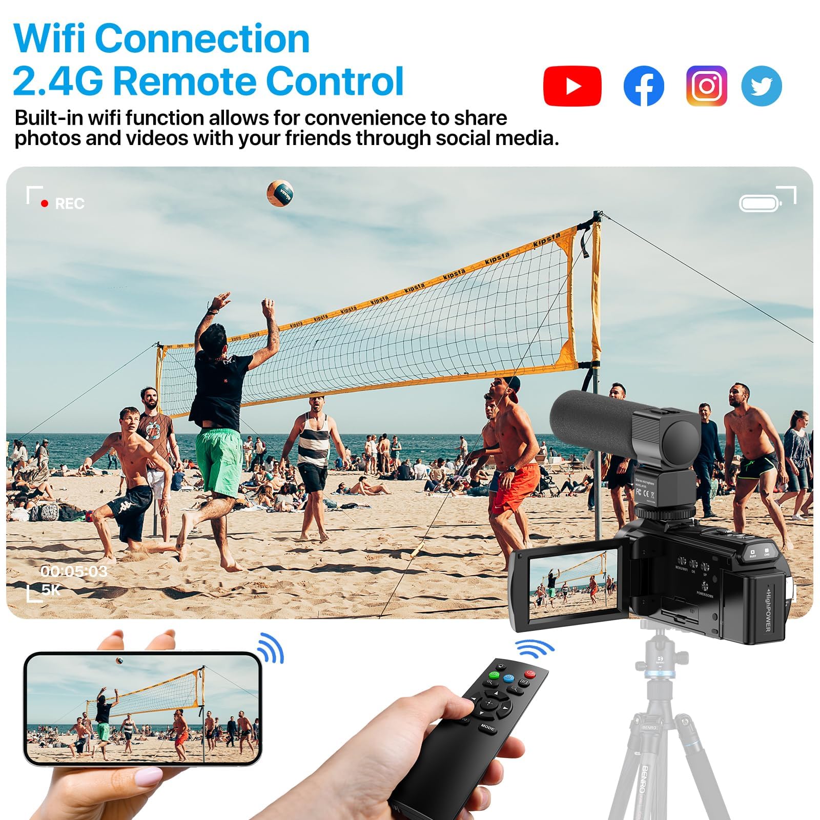 Video Camera, 5K Camcorder UHD 48MP WiFi Vlogging Camera for YouTube IR Night Vision Anti-Shake 16X Digital Zoom 3” Touch Screen Camera with Microphone,Handheld Stabilizer,Lens Hood,Remote,2 Batteries