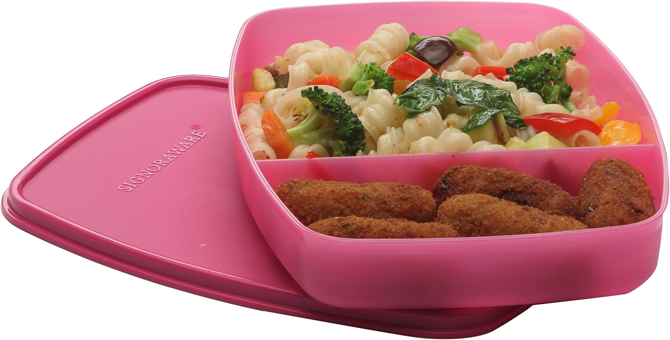 Signoraware Slim Compartment Lunch Box, Bpa Free Plastic, Microwave Safe Food Grade Tiffin Boxes for Office School, Leak Proof Air Tight Compact Dabba (610ml, Square, Pink, 2 Section Storage)