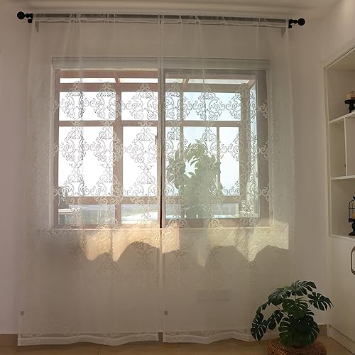 Miniatura 9 de SLOW SOUL 2 paneles de lino sintético bordado blanco con hojas clásicas, cortinas de gasa semitransparente para ventana de dormitorio, sala de