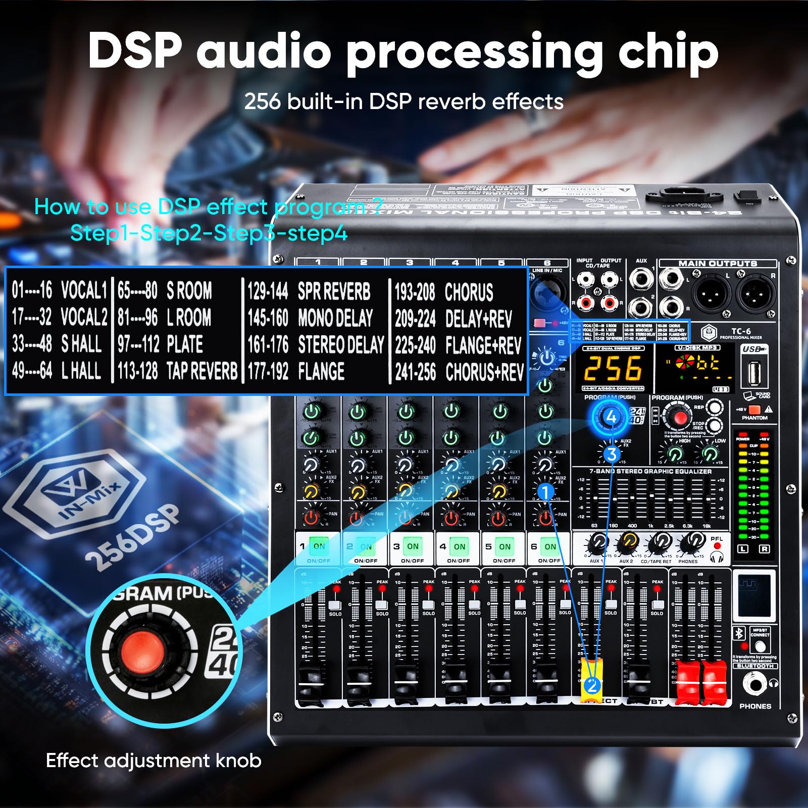Professioneller 6-Kanal Audio-Mixer mit MP3-Player, Bluetooth, 48 V Phantomspeisung, USB-Aufnahme