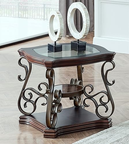 Miniatura 1 de Henf Mesa auxiliar tradicional de madera maciza mesa auxiliar rústica de vidrio de 3 niveles con estante de almacenamiento mesita de noche con parte