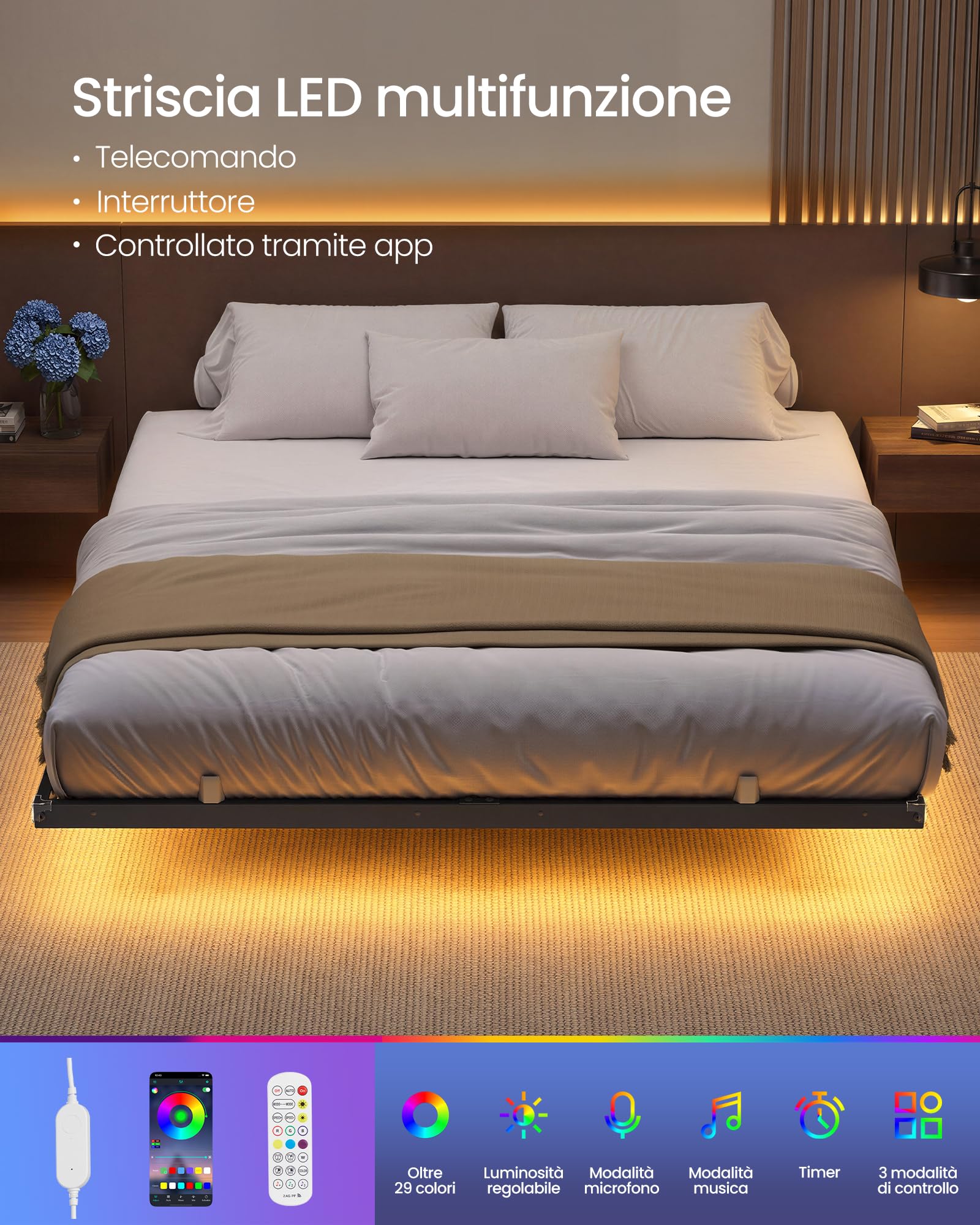 VASAGLE Struttura Letto 160 x 200 cm con LED, Effetto Fluttuante, Multipresa Rimovibile, 2 Prese AC, 1 Porta USB-C, 1 Porta USB-A, 1 Porta USB-A sul Retro, Portata 500 kg, Nero Inchiostro RMB175B101